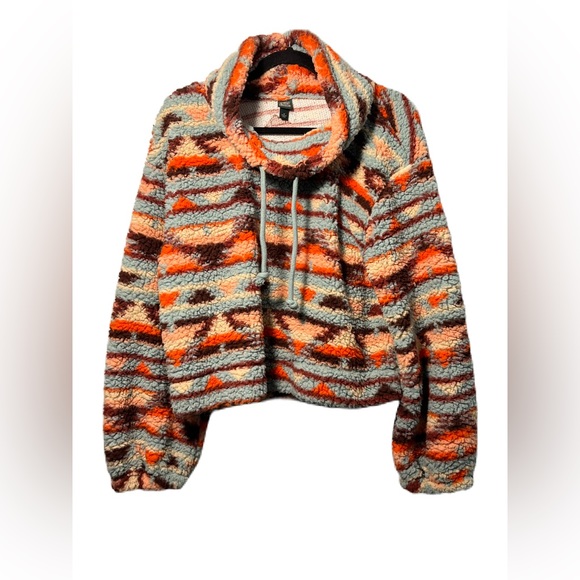 wild fable Tops - • Target Wild Fable Cowl Neck Sweatshirt Orange & Blue Aztec Print